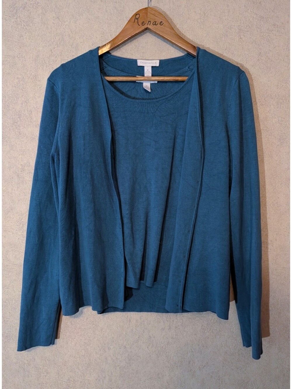 CHARTER CLUB teal silk blend tank top cardigan set sz M